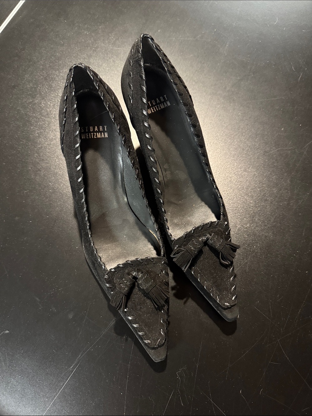 Stuart Weitzman Black Suede Pointed Tassel heel